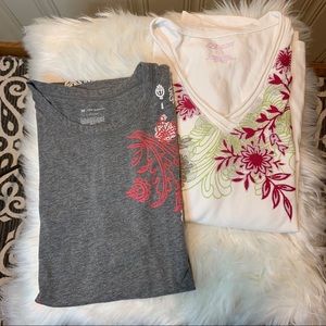 2 floral gray white coral tees L
